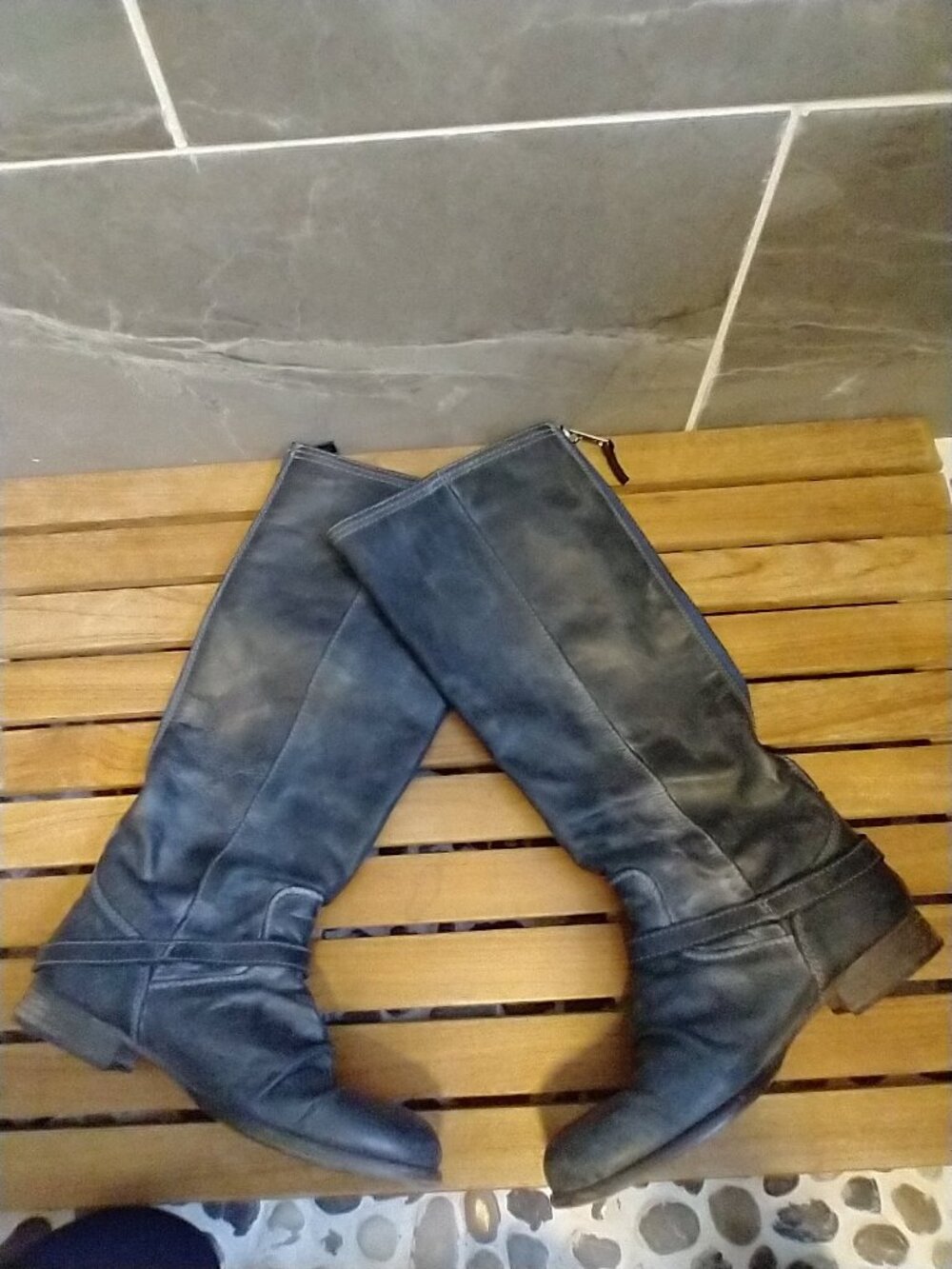 Free People "Roady" Distressed Blue Leather Tall Harness Boots (Size 10)